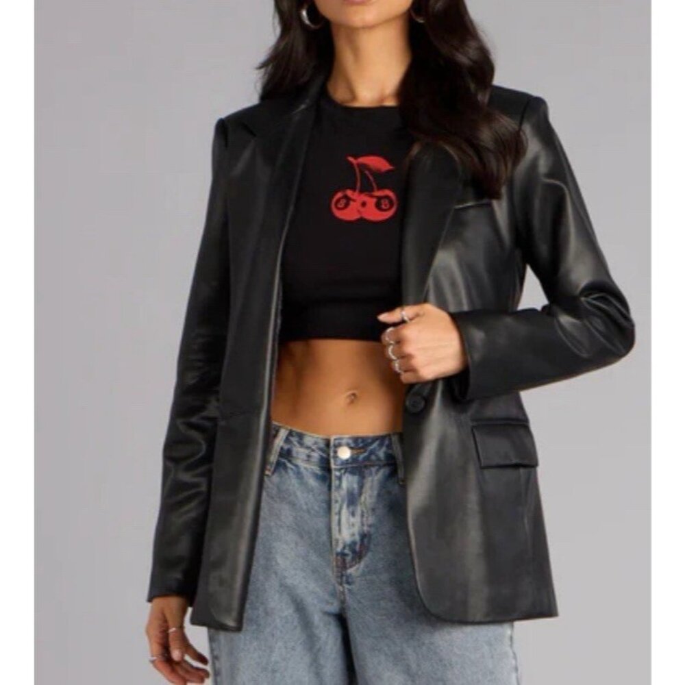 NOIR Suit Jacket Blazer XS Black Vegan Faux Leather Classic NEW